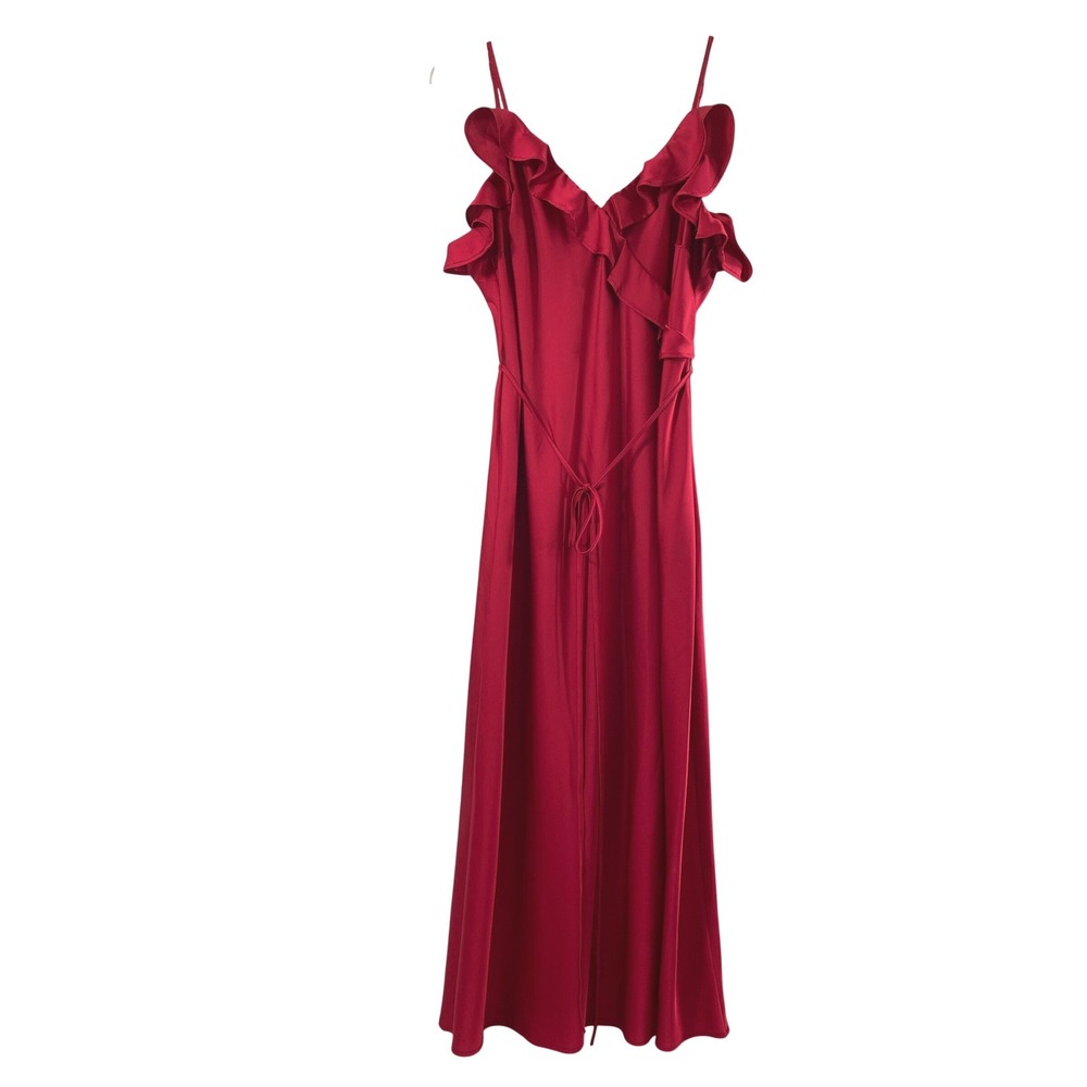 Womens Maxi Dress Sz Large Red Satin Ruffle Event Party Hoco NYE Feminine Flowy